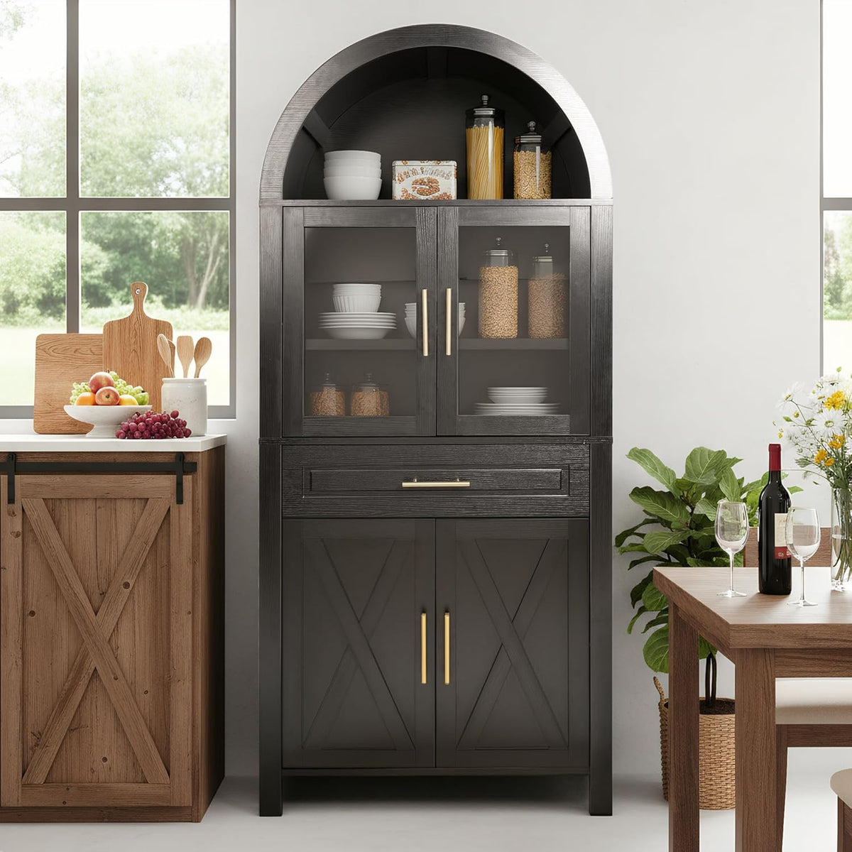 Kitchen Pantry Cabinet with Arched Top, White Storage Cabinet with Adjustable Shelves, Freestanding Cupboard with Drawer and Door Organizers, 70.8H x 31.5W x 15.75D Inches (Black)