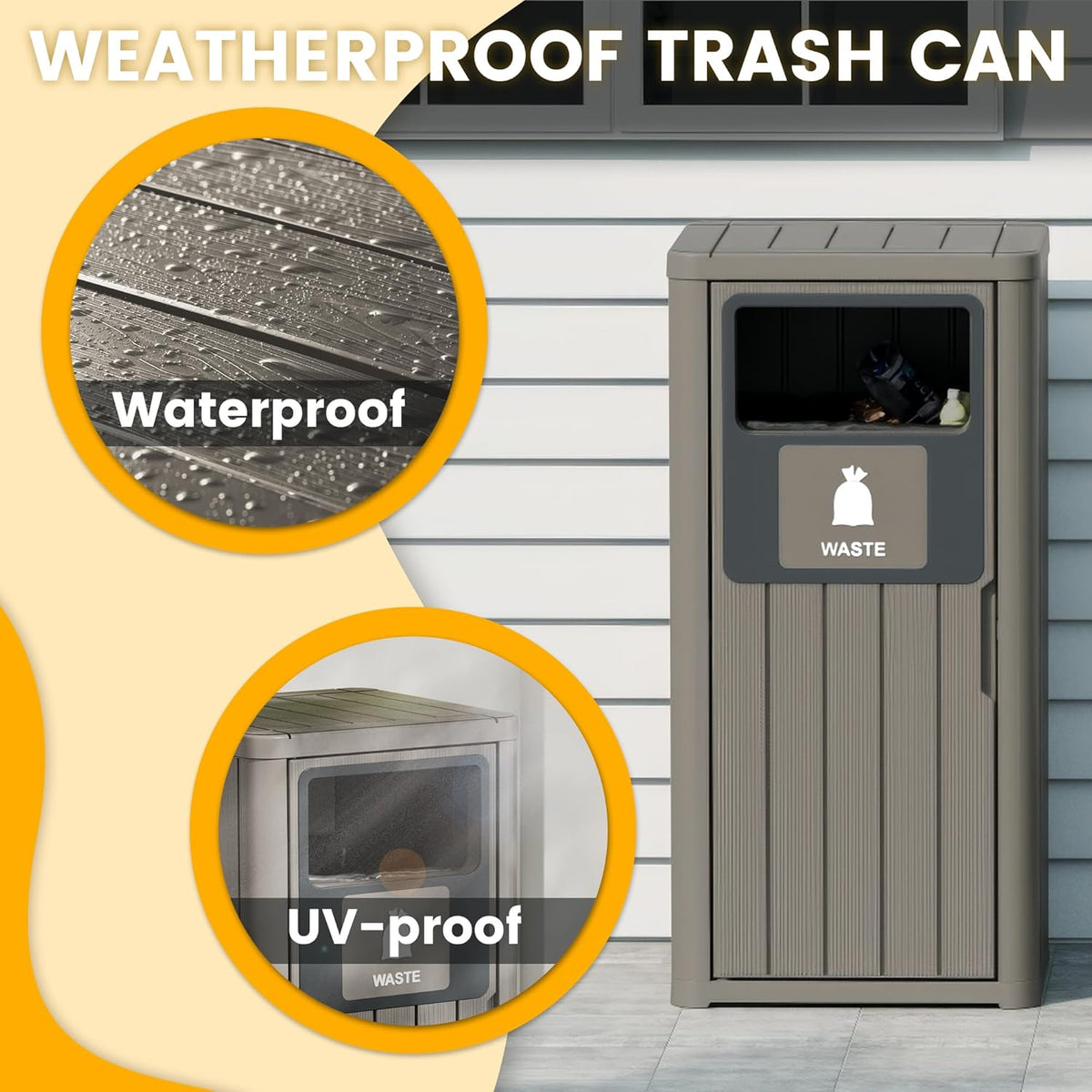 Outdoor Trash Can Waterproof Resin Garbage Can with Garbage Labels Outdoor Trash Bin for Patio, Garden,Kitchen