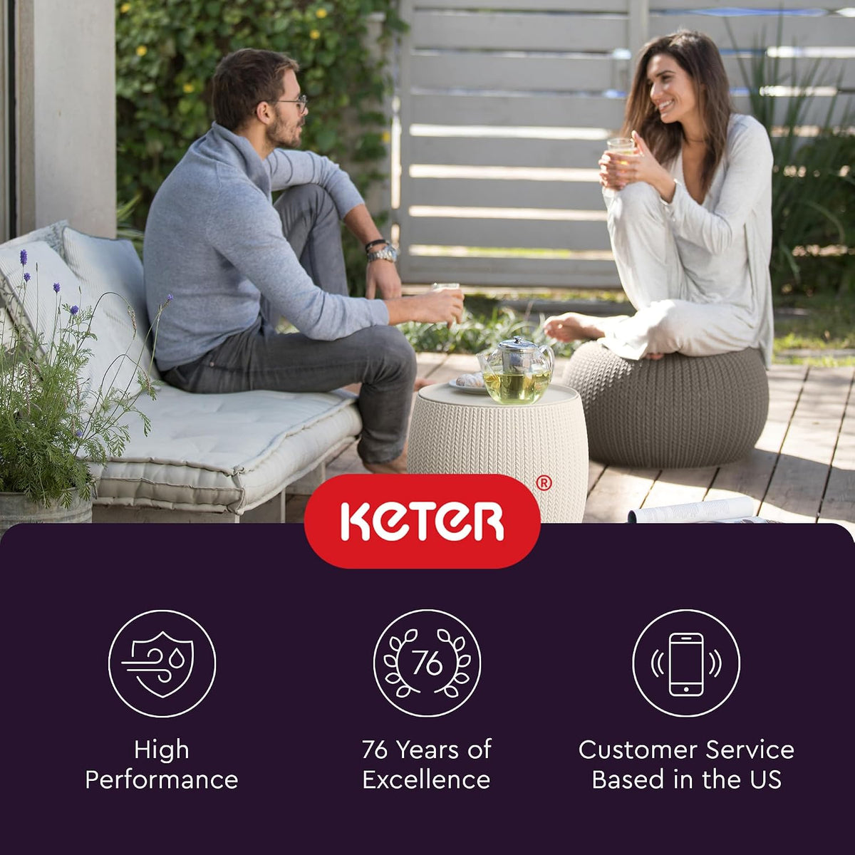 KETER Urban Knit Pouf Ottoman Set of 2 with Storage Table for Patio and Room Décor-Perfect for Balcony, Deck, and Outdoor Seating, Cream & Taupe
