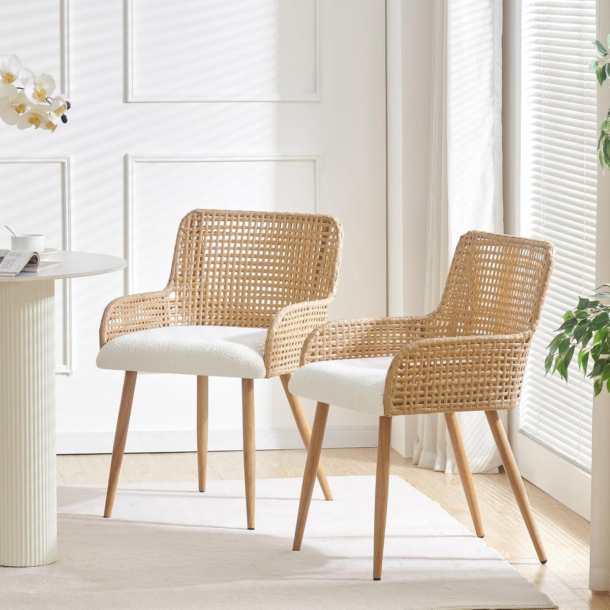 Rattan Dining Chairs Set of 2, Modern Upholstered Boucle Fabric Dining Chairs,Kitchen Room Chairs with Solid Metal Legs and Rattan Back,Brown