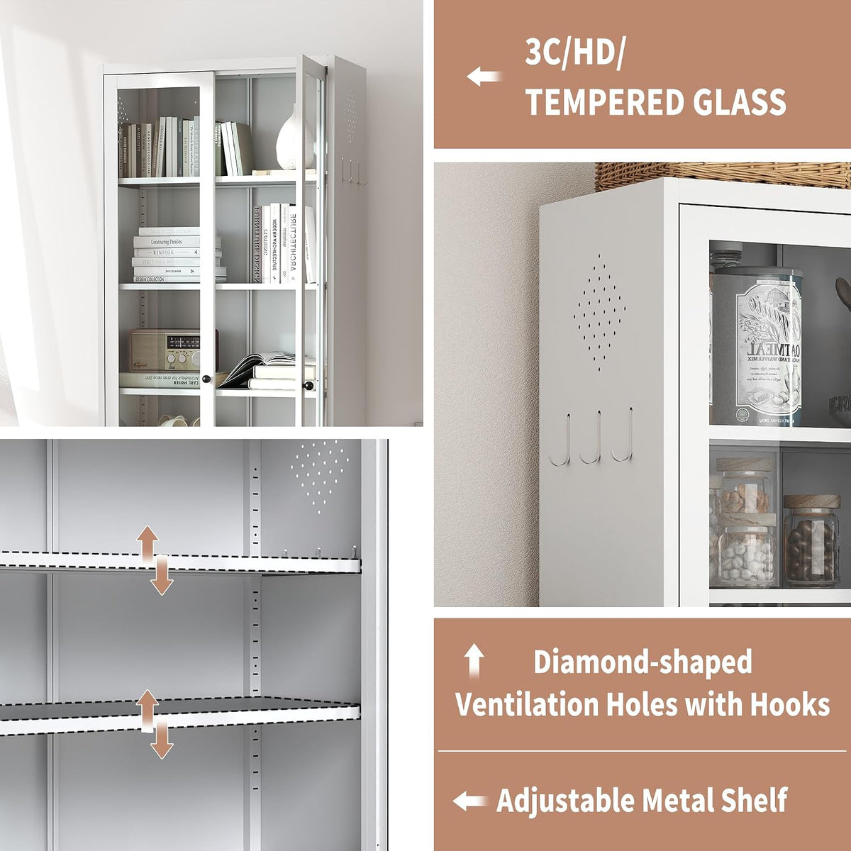 Metal Kitchen Pantry Cabinet – 72" Tall Storage with 5 Adjustable Shelves, White Freestanding Cabinet for Kitchen/Pantry/Bathroom – Heavy Duty Steel Frame, Glass Door