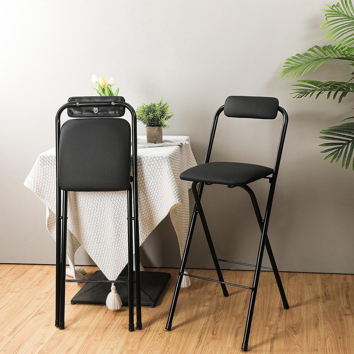 Thyle 1 Pcs Folding Bar Stool with Backrest Counter Height Seat,25.5 Inch | Tall Foldable Design for Kitchen Island Cafe Dining, Portable Space-saving, Leather Padded Seat Back, Metal Frame