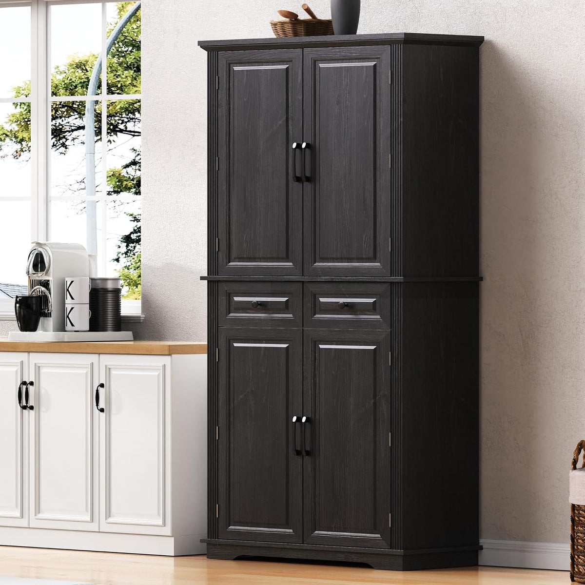 Tall Arched Pantry Cabinet with Pull-Out Cabinet Organizers, Brown | 71"H Farmhouse Storage Cabinet with 6 Door Shelves, 2 Drawers, Anti-Tipping, Embossed Texture for Dining Room