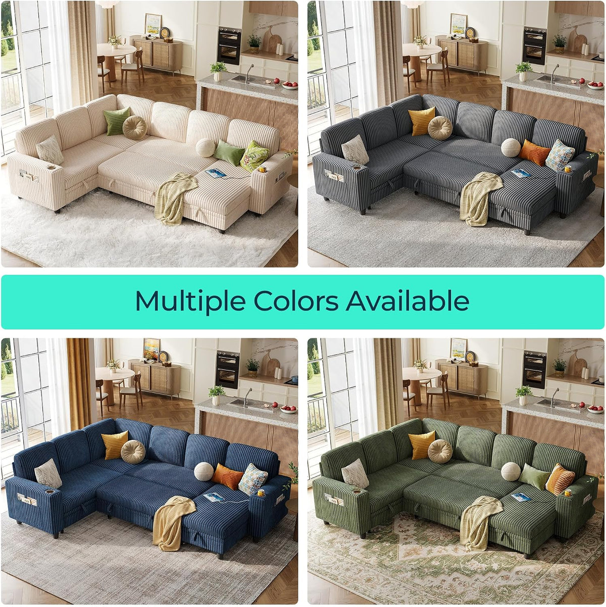 LINSY HOME Sectional Couches for Living Room, 81" U Shape 6 Seats, Blue | Sleeper sofa with pull out couch bed, corduroy couch with storage