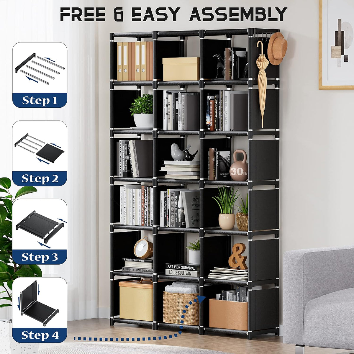 Mavivegue Bookcase, 18-Cube Extra Large Book Shelf, DIY Cube Storage Organizer for Bedroom, Living Room, Home Office - Black