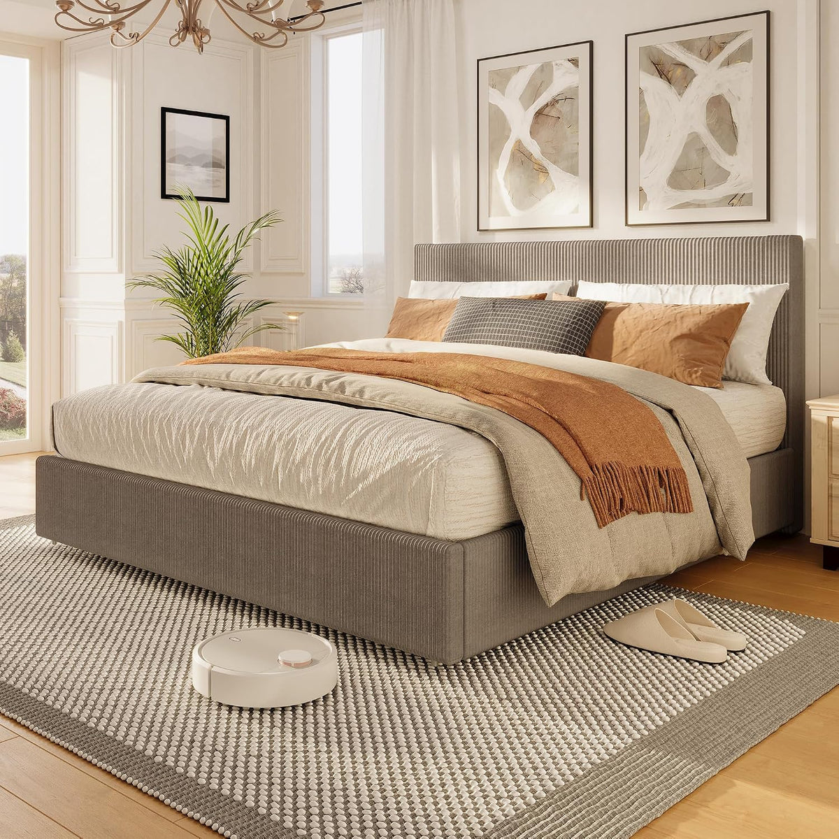 Garvee Corduroy Bed Frame with Headboard, Platform Upholstered Queen Bed Frame with 4 Storage Drawers and Wooden Slats Support, No Box Spring Needed, Brown