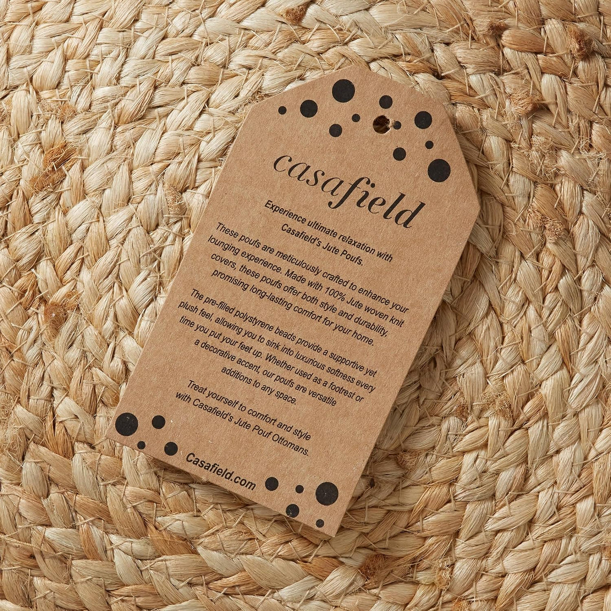 Casafield Hand-Braided Jute Pouf Ottoman Footrest, 19" W x 19" D x 10-1/2" H - Round, Natural Woven Boho Floor Cushion, Home Decor for Living Room