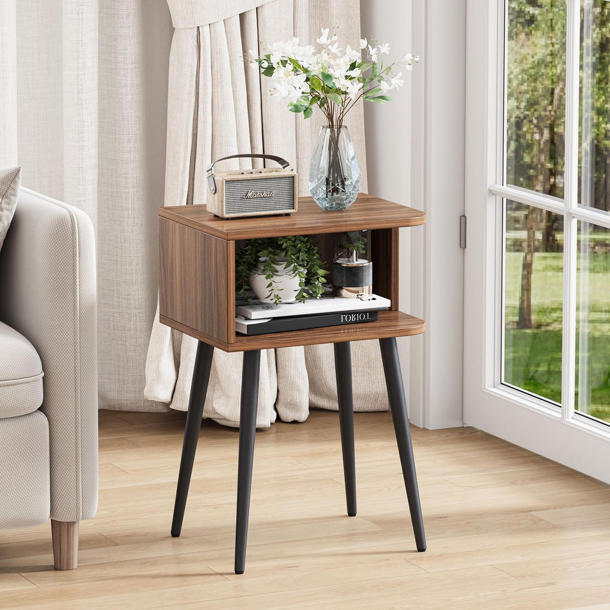 Nightstand Set of 2, Small Bed Side Table for Small Spaces, Mid Century Modern Nightstand End Table with Open Storage, Side Table for Bedroom Living Room, Walnut Brown MLBZ20R-2