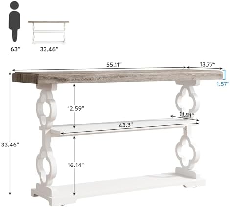 Tribesigns Farmhouse Console Table, 55 inch Long Sofa Table with Storage Shelves, 3 Tier Wood Accent Entry Table for Hallway, Entrance, Living Room, Foyer, Grey and White