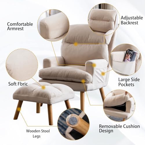 CANMOV Modern Accent Chair with Ottoman Set of 2, Soft Fabric Armchair with Adjustable Backrest and Side Pockets, Comfy Lounge Chair for Living Room, Bedroom, Apartment, Office, Beige