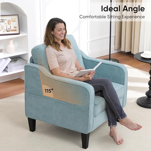 Accent Chair for Living Room, Mid Century Modern Reading Chair for Bedroom, Upholstered Armchair with Side Pockets, Comfy Single Sofa Side Chair for Office, Apartment, Small Room, Teal Green