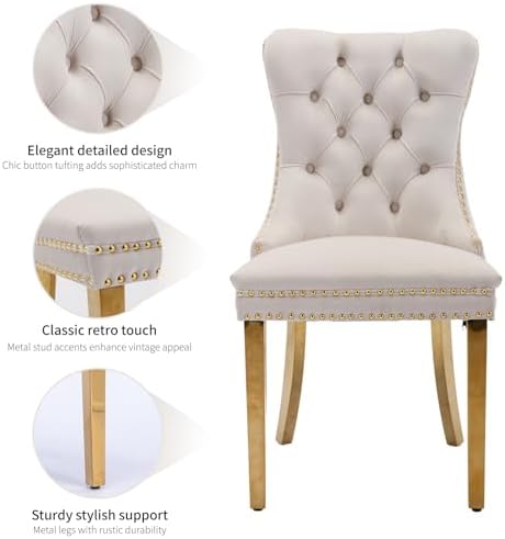 Velvet Dining Chairs Set of 4, Mid Century Tufted Dining Room Chairs with Nailhead Back Ring, Metal Legs, Modern Style for Kitchen, sillas de comedor (Beige, Golden Legs, 4 Pcs)