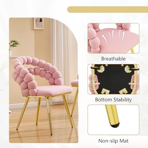 TesNus Velvet Dining Chairs Set of 2, Pink Upholstered Velvet Chairs with Gold Metal Legs, Modern Armchairs with Curved Backrest for Dining Room, Living Room, or Makeup Vanity