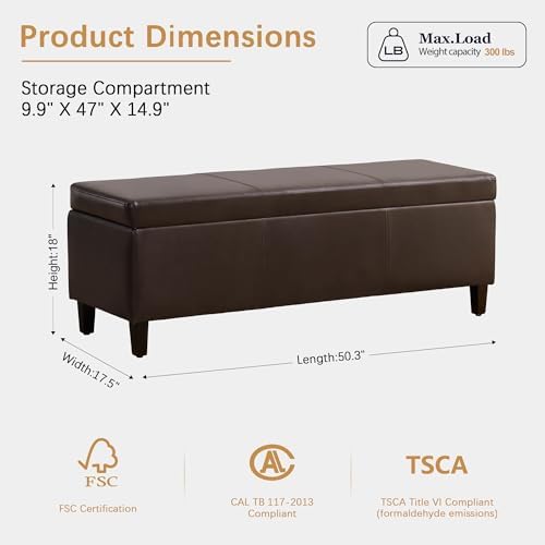 HUIMO Faux Leather Storage Ottoman Bench 50.3 Inch Extra Long PU Upholstered Bedroom Bench with Large Storage Space for The Living Room, Entryway, Bedroom Hold Up to 300lbs (Brown)