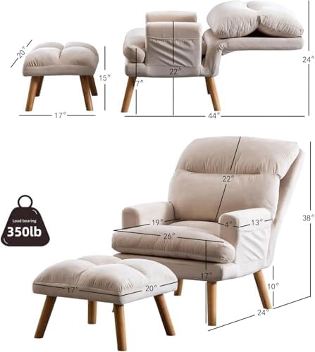 CANMOV Modern Accent Chair with Ottoman Set of 2, Soft Fabric Armchair with Adjustable Backrest and Side Pockets, Comfy Lounge Chair for Living Room, Bedroom, Apartment, Office, Beige