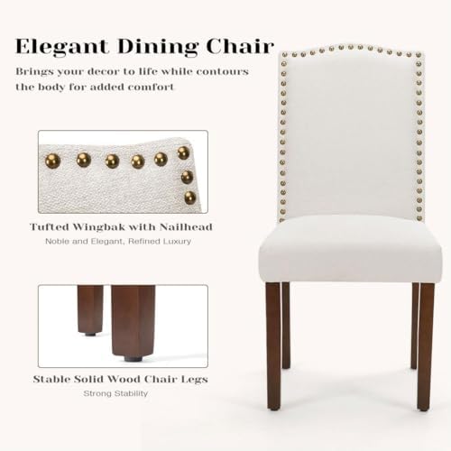 Kitchen Chairs Set of 6 Modern Upholstered Fabric Seat with Nailhead Trim and Ergonomic Lumbar Support for Living Room and Rustic Farmhouse Dining Area, Beige