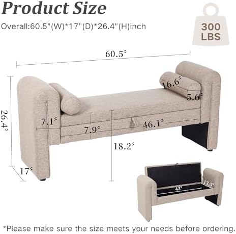 Linen Fabric Bench for Bedroom End of Bed, 60.5 inch Upholstered Linen Fabric Storage Bench Ottoman Bench with Rolled Arms, Button-Tufted Ottoman for Living Room, Entryway (Oatmeal)