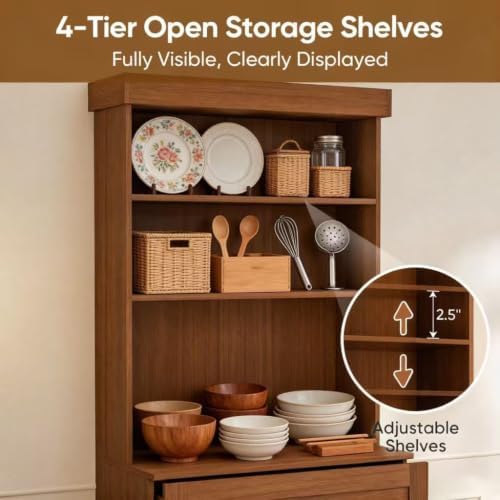 71" Farmhouse Kitchen Pantry Cabinet with Drawers, Set of 4 – Dark Brown Freestanding Coffee Bar Hutch with Adjustable Shelves, Large Storage Cabinet with Microwave Stand for Living Room & Kitchen