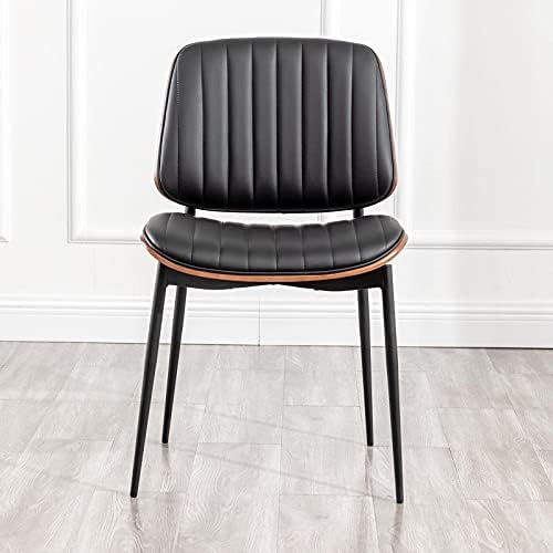 LUNLING Dining Chairs Set of 2 Mid Century Modern Retro Faux Leather Chair with Walnut Bentwood Upholstered Seat Metal Legs Chairs,Adjustable Foot for Kitchen Dining Room Chairs(Black)