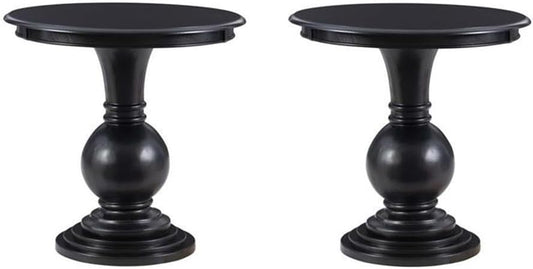 Pemberly Row Set of 2 Round Wood Accent Tables with Pedestal Base in Jet Black