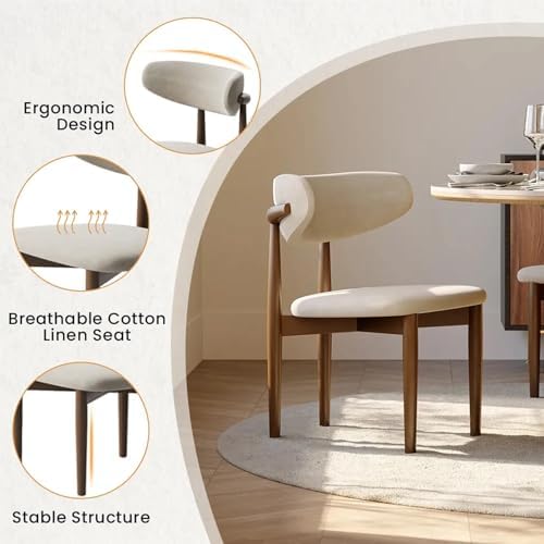 POVISON Modern Dining Room Chairs Set of 6, Armless Cotton Linen Dining Chair Set with Sackcloth Cushions and Dark Walnut-Coloured Ash Wood, Pre-Assembled Design (Beige)