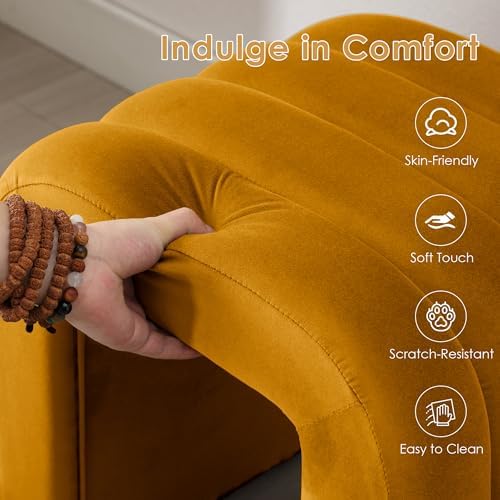ONEVOG Velvet Pouf Ottoman, Small Ottoman Foot Rest for Couch, 18 Inch Cute Vanity Chairs for Makeup, Living Room Decorative, Sturdy Frame, Upholstered Modern Footrest for Bedroom, Dorm, Cognac, 2Pcs
