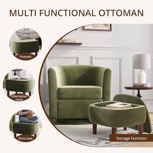 360° Swivel Accent Chair with Storage Ottoman | Small Modern Velvet Barrel Chair, Upholstered Armchair with Footrest for Living Room/Reading/Bedroom, Green