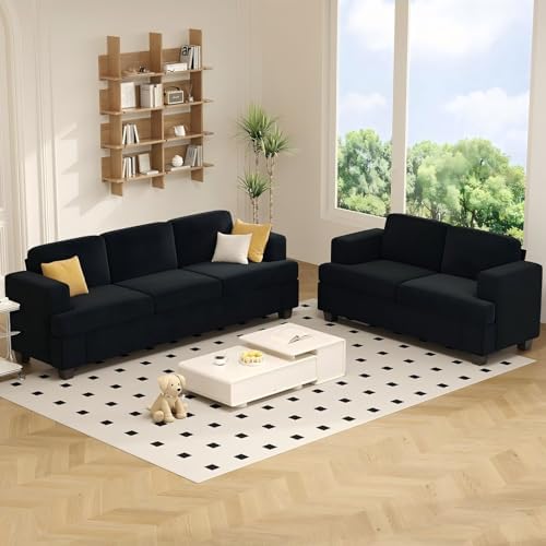 Apicizon Loveseat & 3 Seater Sofa Sets, 89" Couch Sofa Set for Living Room Furniture, 2 Piece Modern Sleeper Sofa with Deep Seat Cloud Couch for Apartment Lounge, Black Corduroy