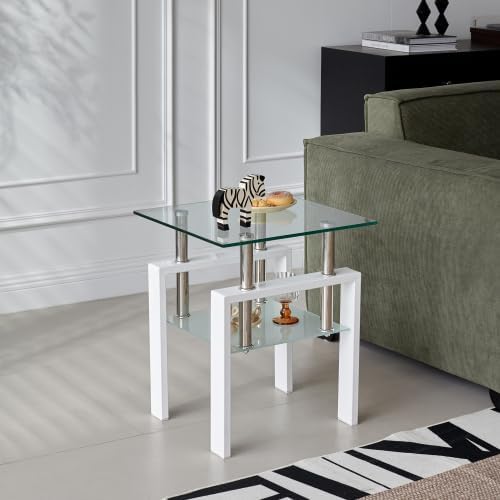 Glass End Table Tea Table with Shelf Side Table with Metal Legs Modern Small Tables for Living Room (White)