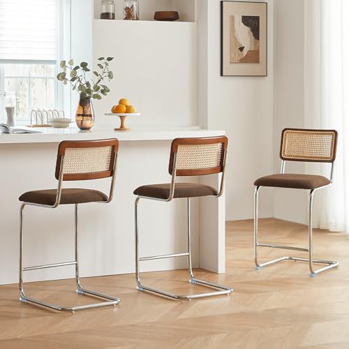 GrandNoor Natural Rattan Counter Height Stools Set of 3 with Solid Wood Back, 29 Inch Mid Century Modern Cesca Bar Stools, Brown Upholstery Boho Stool for Kitchen Counter with Chrome Metal Legs