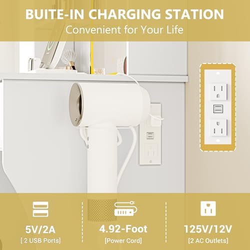 Vanity Desk with LED Lights Mirror & Power Outlet, Small Makeup Vanity Table Set with Storage Drawers & Chair, 3 Lighting Modes & Adjustable Brightness, Dressing Table for Women Girls Bedroom, White