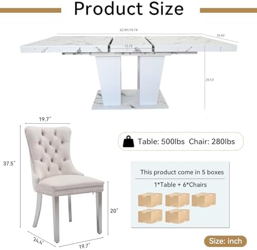 White Faux Marble Dining Room Table Set for 6, 7-Piece 63"-78.74" Extendable Dining Table Set with 6 Chairs, Rectangle Wooden Expanding Kitchen Table and Beige Upholstered Chairs Set
