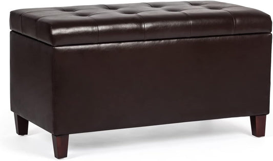 Asense Storage Ottoman Bench, 33" Faux Leather Upholstered End of Bed Bench with Safety Hinge,Wooden Legs,for Entryway Bedroom Living Room,Chocolate Brown