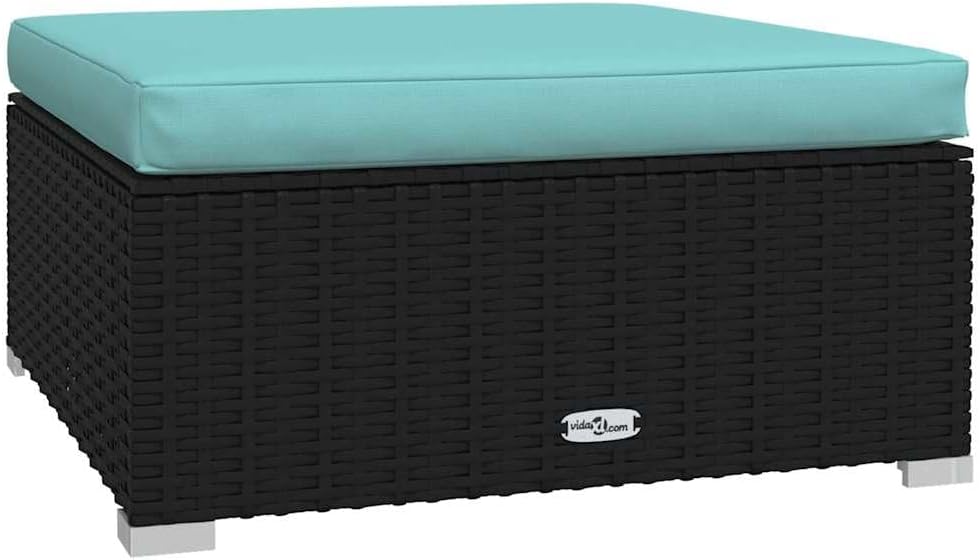 Outdoor Patio Footrest Ottoman with Aqua Cushion, Modular PE Rattan Footstool for Garden, Deck, and Backyard, Black, 27.6 x 27.6 x 11.8 Inch