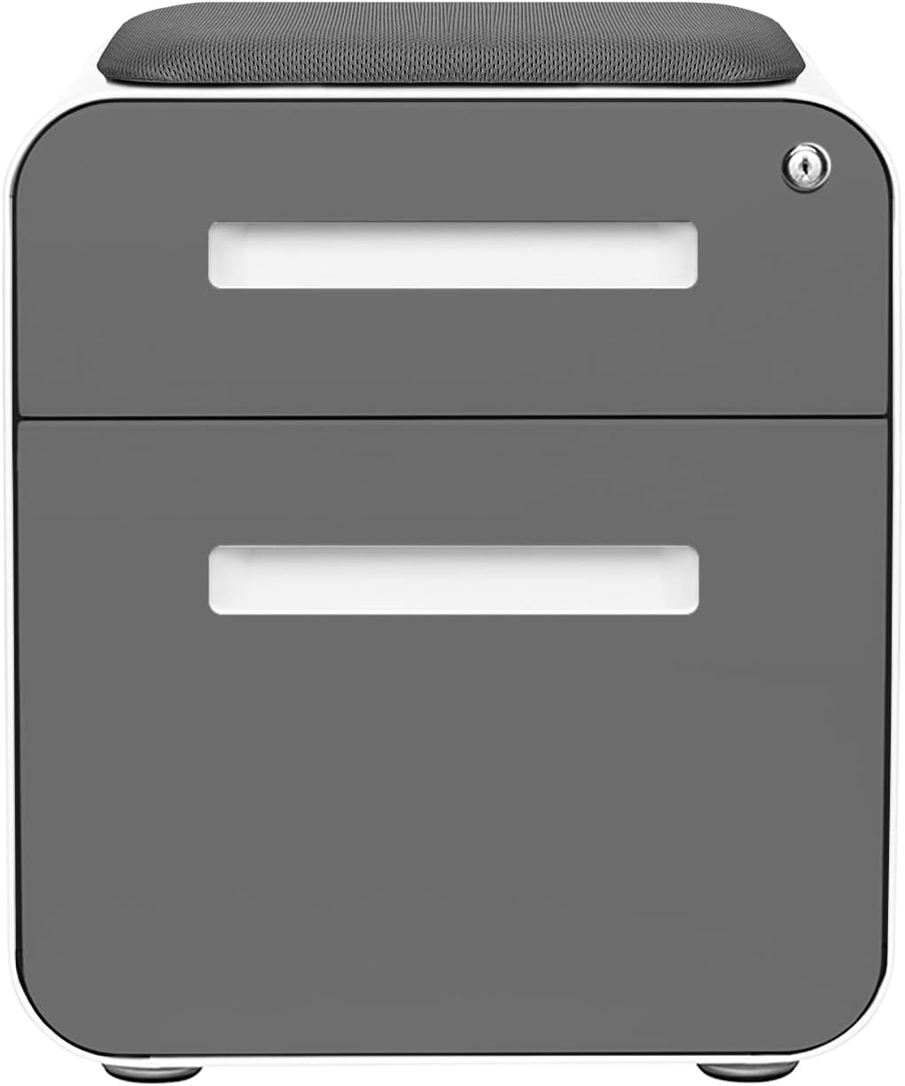 Laura Davidson Furniture STOCKPILE Mini Seated 2 Drawer Mobile File Cabinet with Removable Magnetic Cushion Seat - Short Version, Metal Filing Cabinet, Pre-Assembled, Dark Grey Face with Grey Cushion