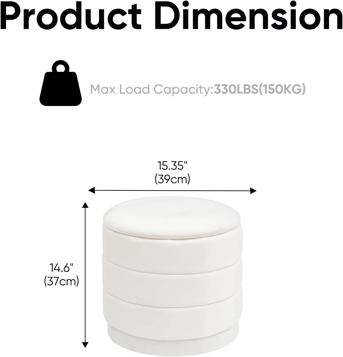 15.4" Round Velvet Storage Ottoman with Reversible Lid, Upholstered Circular Ottoman Footrest with Hidden Storage, Foldable Padded Footstool for Dorm Living Room & Bedroom, White
