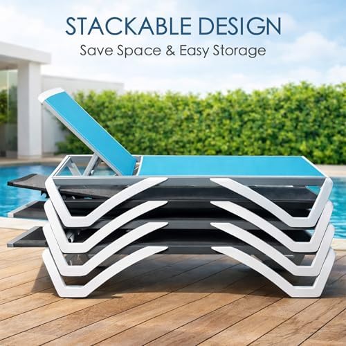 Kozyard Outdoor Chaise Lounge Chair, Full Flat Adjustable Patio Lounger with Aluminum Frame & Resin Legs, Textilene Fabric for Poolside, Backyard & Beach (Aqua, 2Chairs + Table)