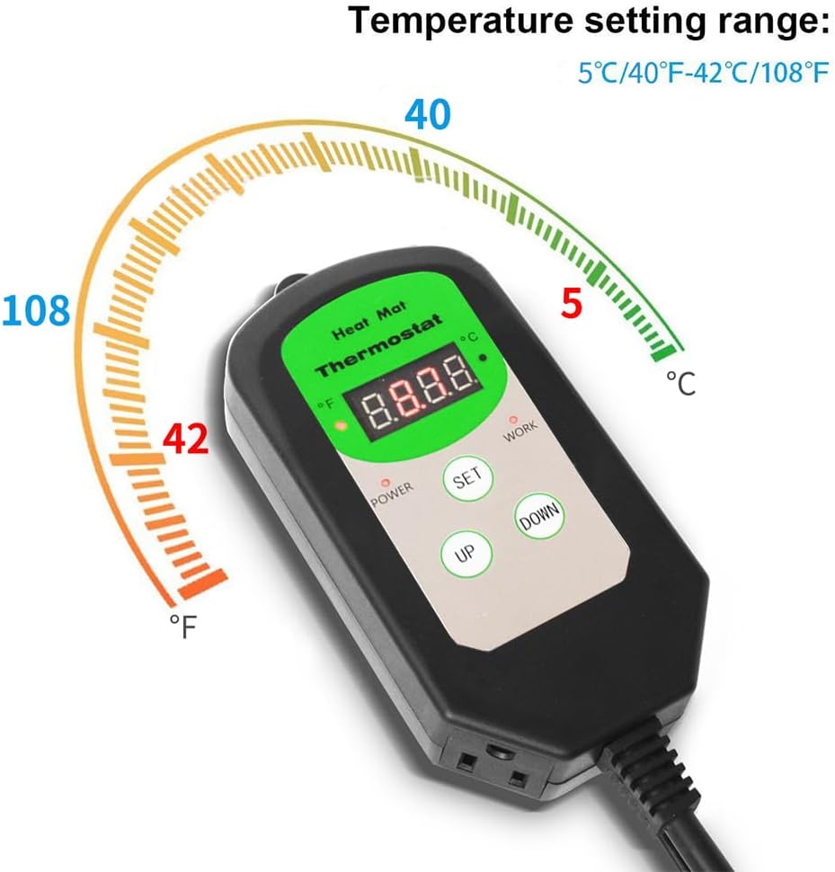 Digital Heat Mat Thermostat Temperature Controller (EMC Certified) for Seed Germination, Reptiles and Brewing Breeding Incubation Greenhouse, 42 °F to 108 °F/ 5 ℃ to 40 ℃, 1000W