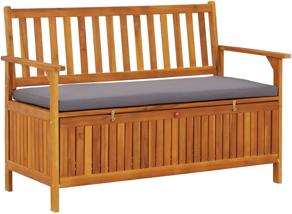 Solid Acacia Wood Patio Storage Bench 47.2 Inch with Cushion, Outdoor Garden Seat with Large Storage Compartment, Rustic Wooden Bench for Home and Garden