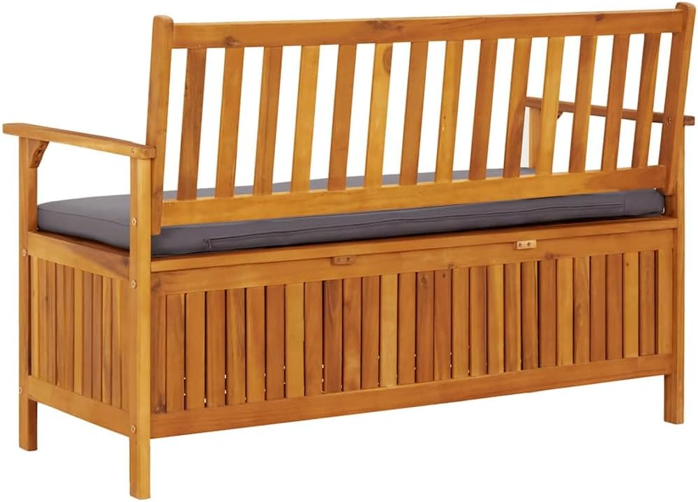 Solid Acacia Wood Patio Storage Bench 47.2 Inch with Cushion, Outdoor Garden Seat with Large Storage Compartment, Rustic Wooden Bench for Home and Garden