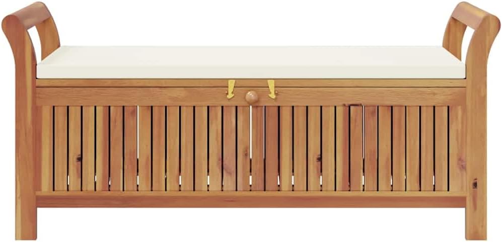Solid Acacia Wood Garden Storage Bench with Cream White Cushion, 49.6 Inch Outdoor Bench with Storage for 2 People, Patio Seat with Lid and Polyester Cushion