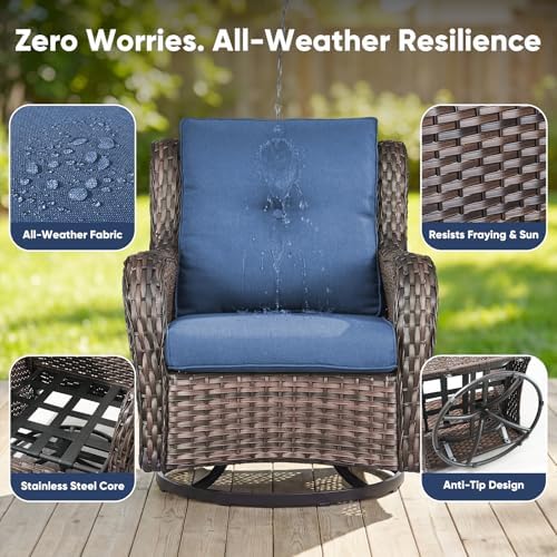 Belord Patio Wicker Chairs Swivel Rocker,Outdoor Patio Furniture Set with Rattan Side Table, All Weather Conversation Set for Porch Poolside Balcony, Brown Wicker/Blue