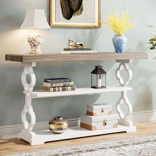 Tribesigns Farmhouse Console Table, 55 inch Long Sofa Table with Storage Shelves, 3 Tier Wood Accent Entry Table for Hallway, Entrance, Living Room, Foyer, Grey and White