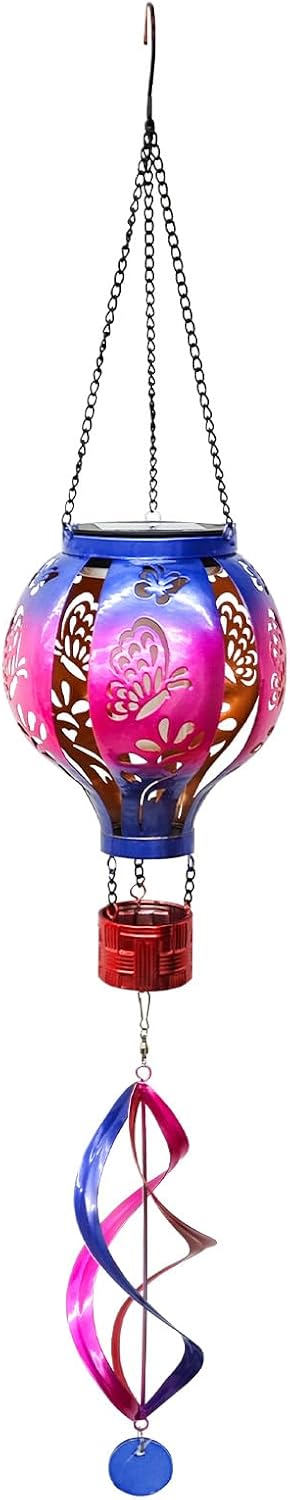 Hot Air Balloon Solar Lantern Butterfly Wind Spinners with Flickering Flame Light Hanging Solar Lantern Outdoor Waterproof Decorations for Outside Patio Garden Yard