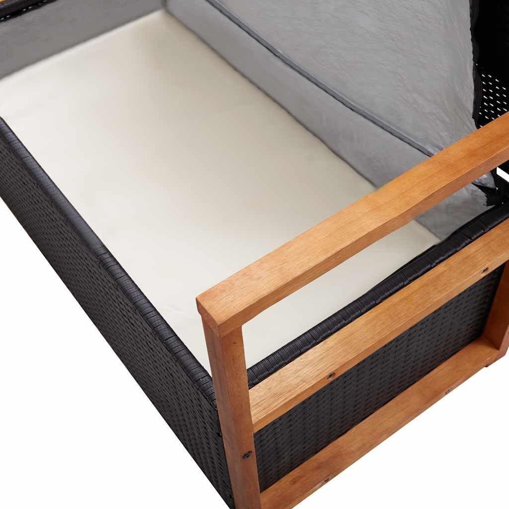 45.3" Storage Bench for Patio Garden, Poly Rattan Outdoor Bench with Large Storage Box and Solid Acacia Wood Accents, 2-Seat Deck Furniture with Comfortable Cushion, Black