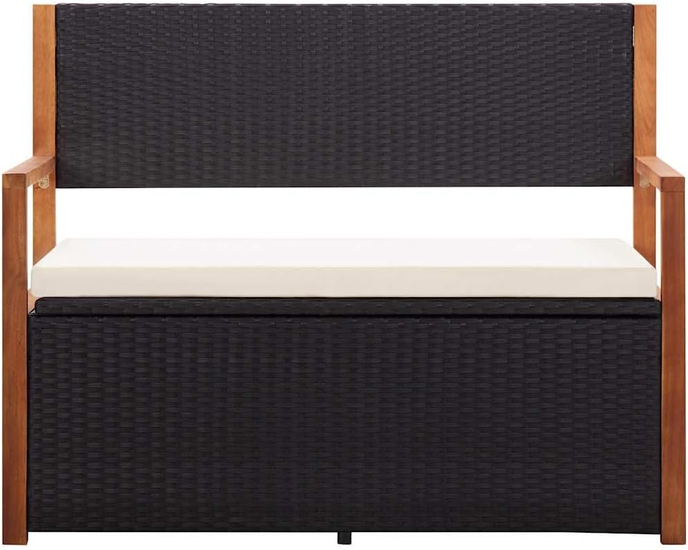 45.3" Storage Bench Poly Rattan and Solid Acacia Wood Outdoor Garden Bench with Interior Storage and Removable Cushion for Patio Deck Porch Black and Natural
