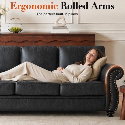 Couchus 88"W Living Room Furniture Sets, 3-Seater&Loveseat, Grey | Faux Leather Fabric Sofa and Couch Sets, Mid-Century Sofa Set with Nailhead Trim