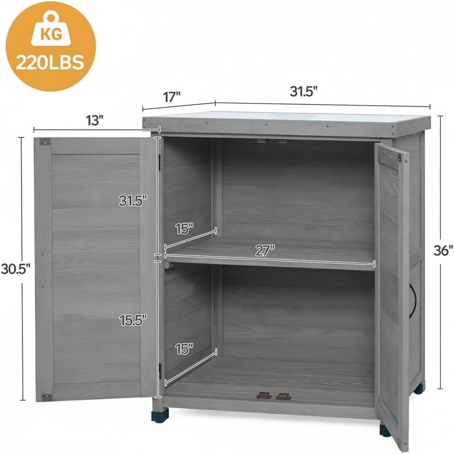 31" Weatherproof Small Storage Cabinet, Storage Cabinets with Premium Hemlock Wood, Tool Cabinet with Magnetic Door for Patio & Garage, Gray