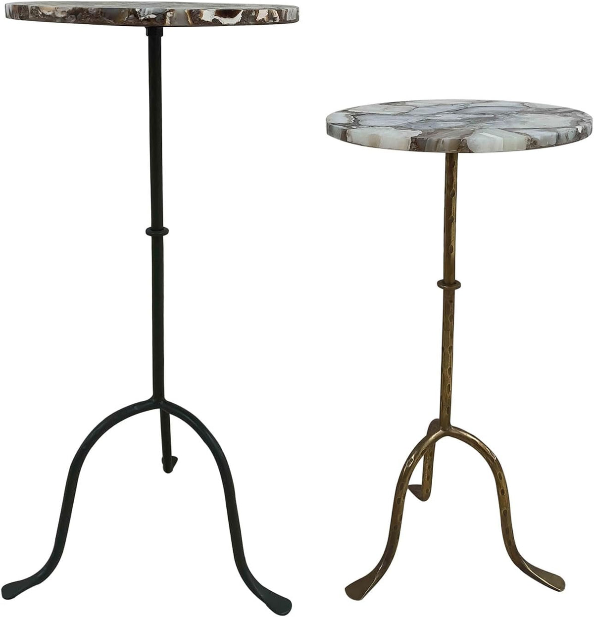 East at Main Agate Stone Cocktail and Martini Tables Set of 2 – Handcrafted Accent Tables with Polished Agate Tops, Side Tables for Living Room, Matte Black and Antique Brass Bases, 11” and 10” Sizes