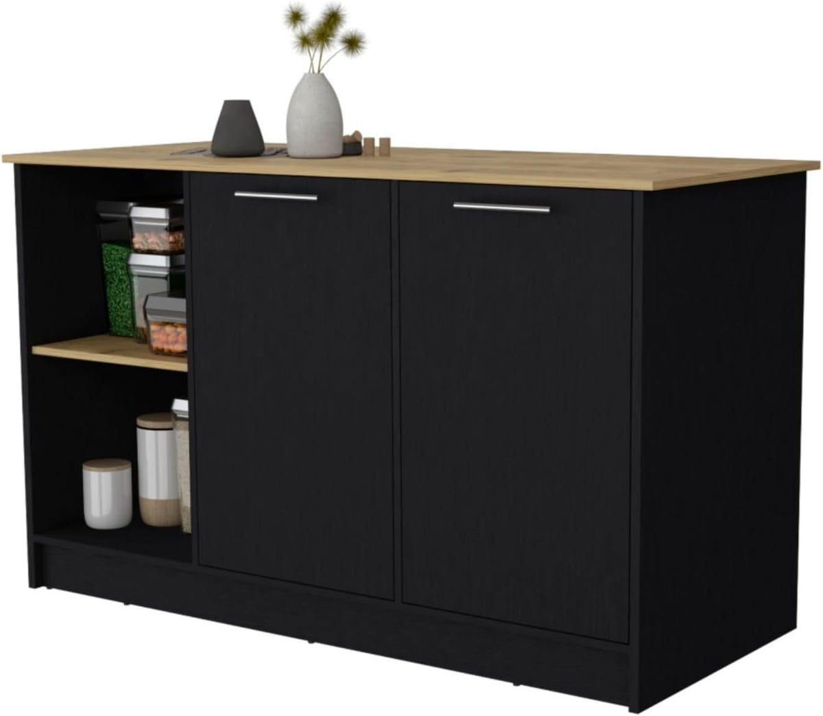 Hassyee Fashionable and Minimalist Style Fixed Kitchen Island, Equipped with Spacious Countertops, Two Open Storage Shelves, Double Door Design, Suitable for Kitchen Use (Black+Natural)